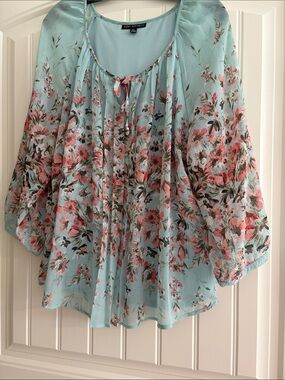 Sara Michelle Mint Blue Floral Tie-Neck Tunic
